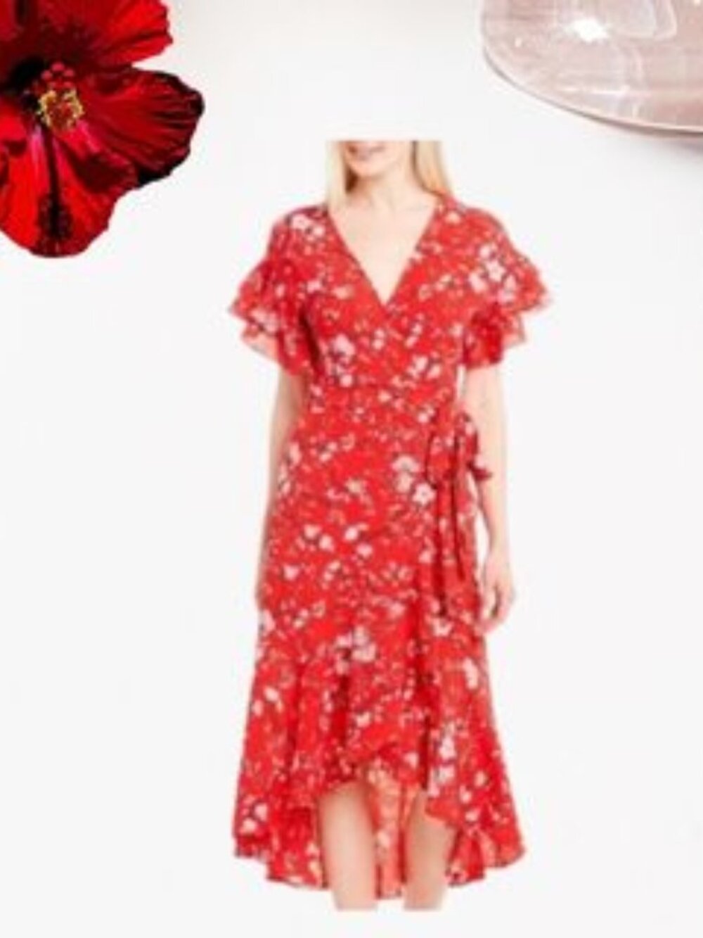 🌸Max Studio Faux Wrap Floral Dress Large Red Orange White Wavy Hem Short Sleeve